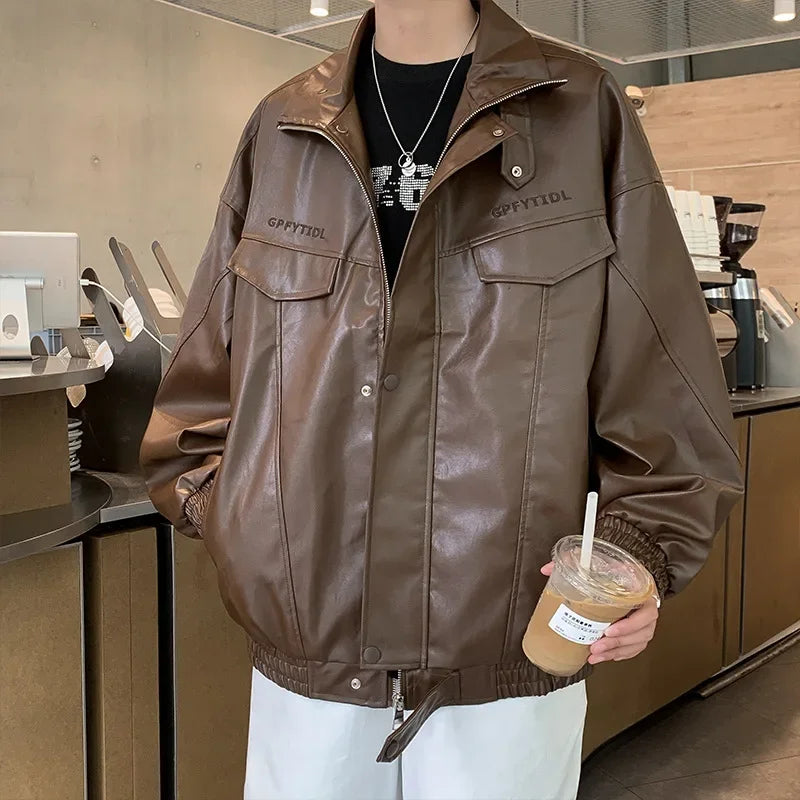American PU Jacket Men's Embroidered Street Pilot Motorcycle Suit Hiphop Trendy Brand Loose Oversized Ruffian Handsome Top