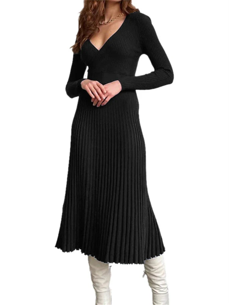 jinran Women Ribbed V-neck Fold Knitted Max Dress Ladies Skinny Sexy A-line Dresses Two Color Patchwork Elegant Chic Vestidos