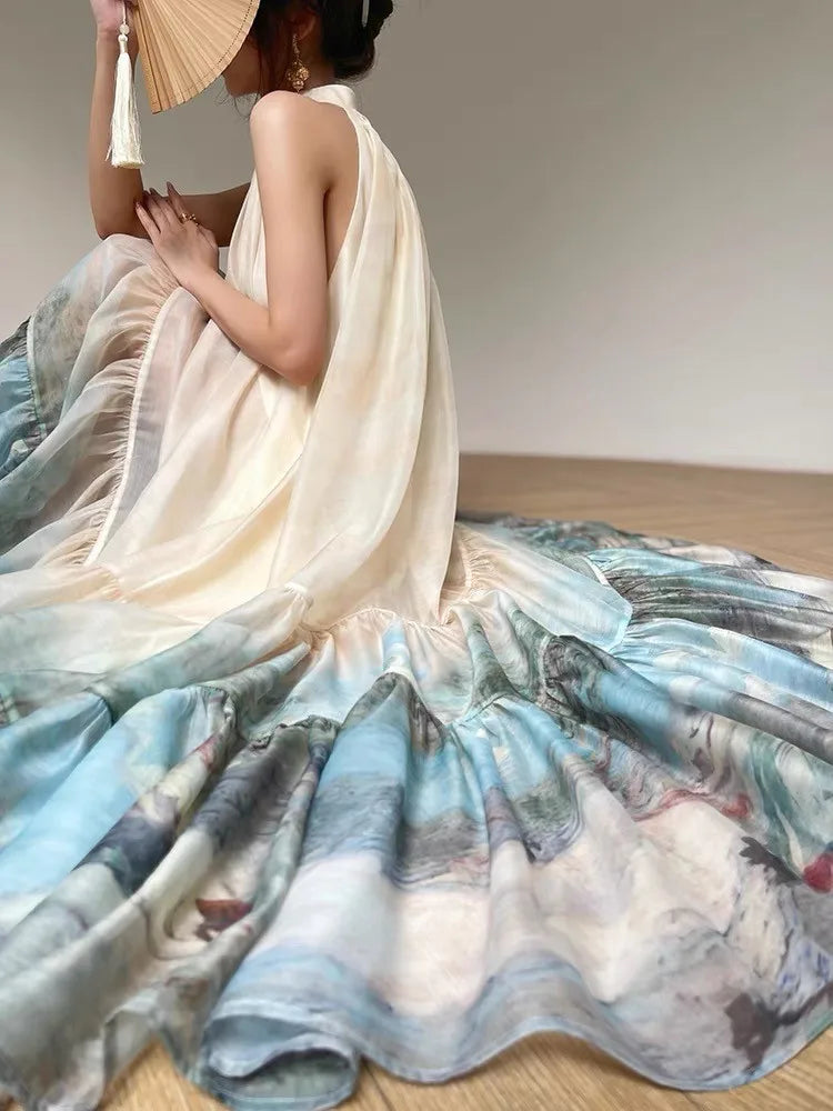 jinran New Chinese Style Print Long Dresses for Women Summer Sleeveless Halter Loose A-line Evening Party Dress Prom Robe Vestidos