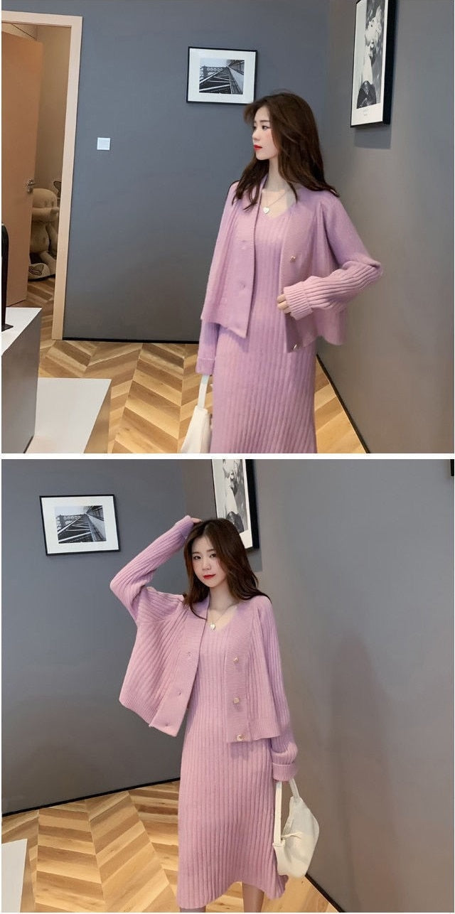 jinran Womans Clothes for Autumn Winter Loose Solid Knitwear Women's Two Piece V-Neck Casual Dress Set Long Sleeve Sweater Skirt