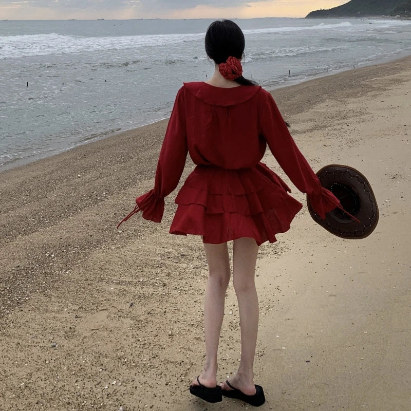 nvxiot - Autumn Set Women 2024 New Two-piece Suit Red V Neck Long Sleeve Ruffles Lace-up Blouses And High Waist Pleated Half Short Skirts