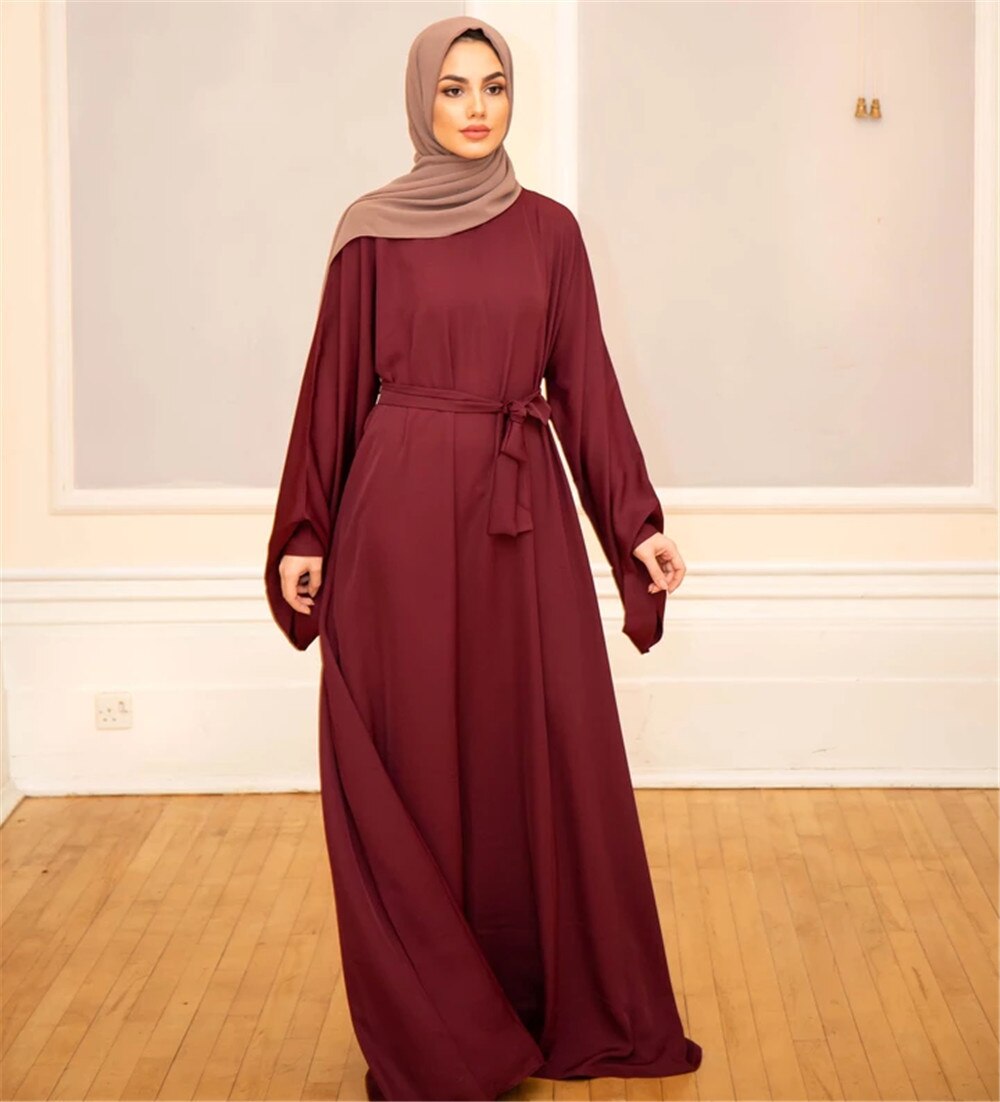 jinran Summer Elegant Solid Color Colorful Temperament Long Skirt Ladies Open Shouder Robe Satin Large Size Belt Muslim Woman Abaya
