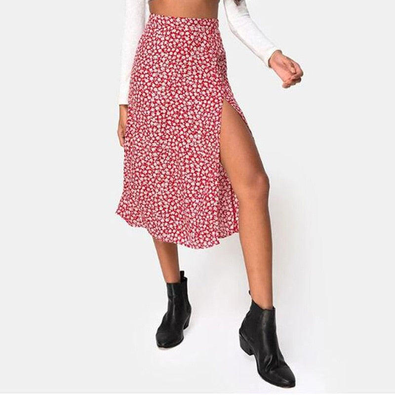jinran Women Skirt Harajuku leopard flower printed package hip tall waist elastic Summer style mild calf a-line skirts Women XSK8110