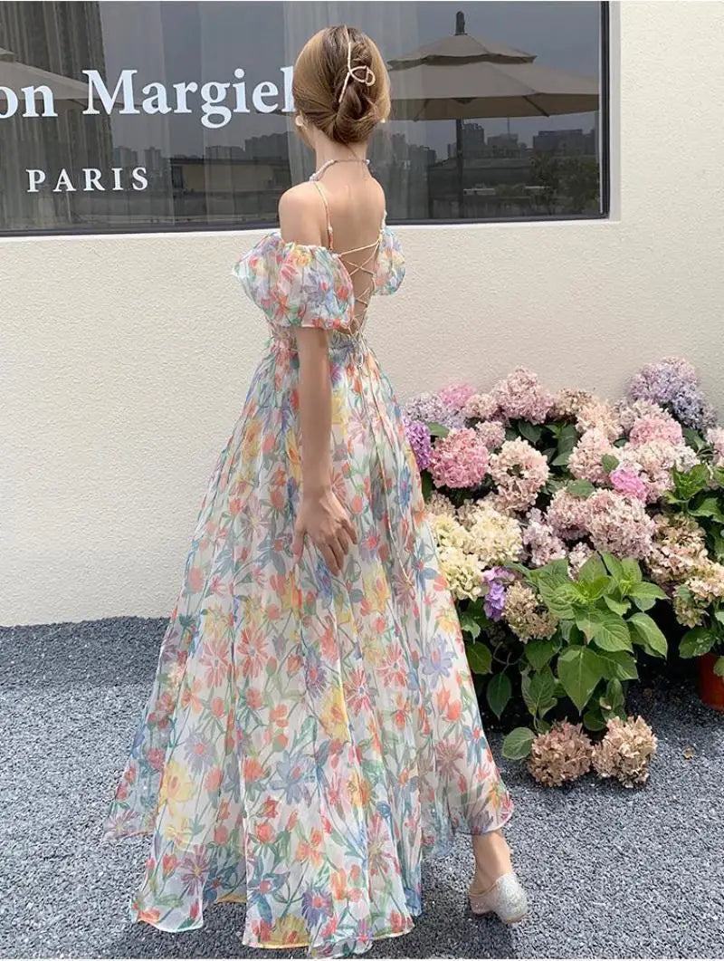 jinran Women's French First Love Puff Sleeves Floral Long Dress Summer Dresses Cool and Breathable Bare Shoulder Korean Fashion 2024