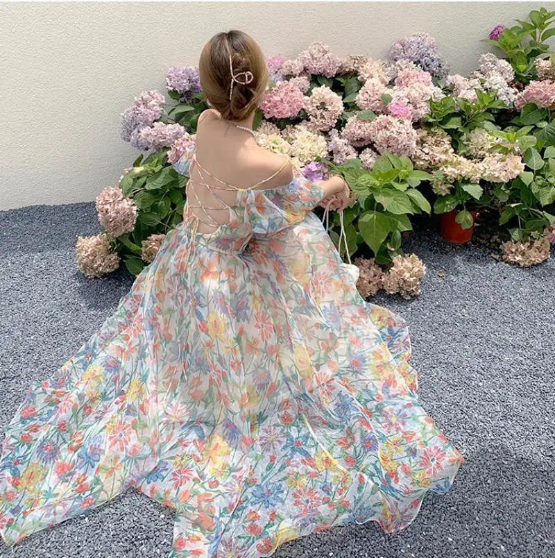 jinran Women's French First Love Puff Sleeves Floral Long Dress Summer Dresses Cool and Breathable Bare Shoulder Korean Fashion 2024
