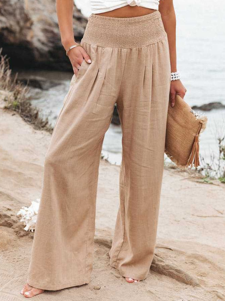 jinran Spring Summer Cotton Linen Women Pants Pockets Solid Casual White Wide Leg Office Lady White Long Trousers Khaki