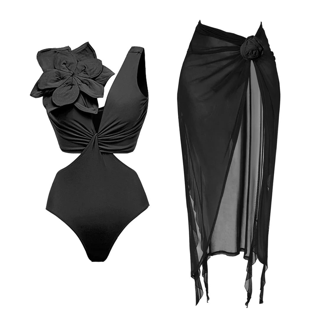 jinran 2024 One Piece Swimsuit Women Swimwear with Beach Skirt V Neck Bathing Suit Flower Beachwear Monokini Swim Summer