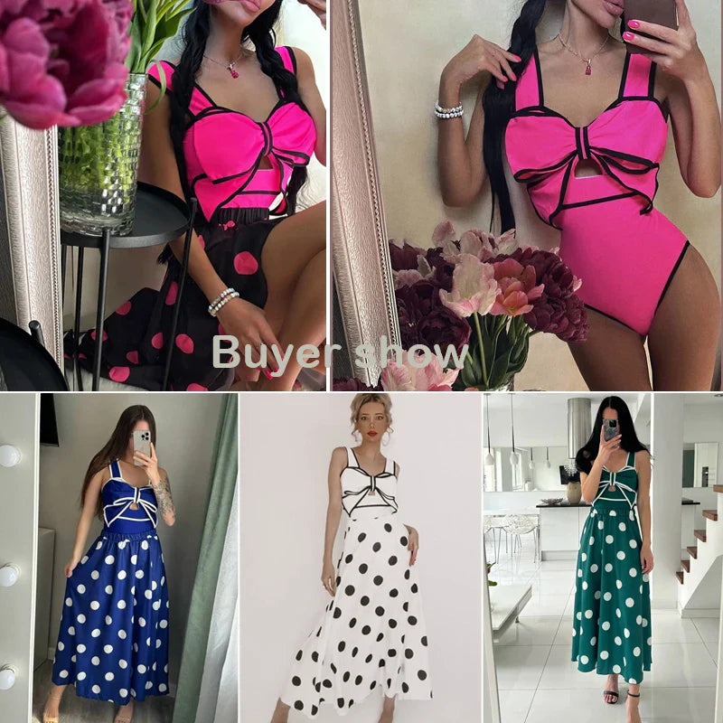 jinran 2024 New Bow Tie One Piece Swimsuit For Women Swimwear with Skirt Bathing Suit Monokini Beach Bodysuit Beach Wear