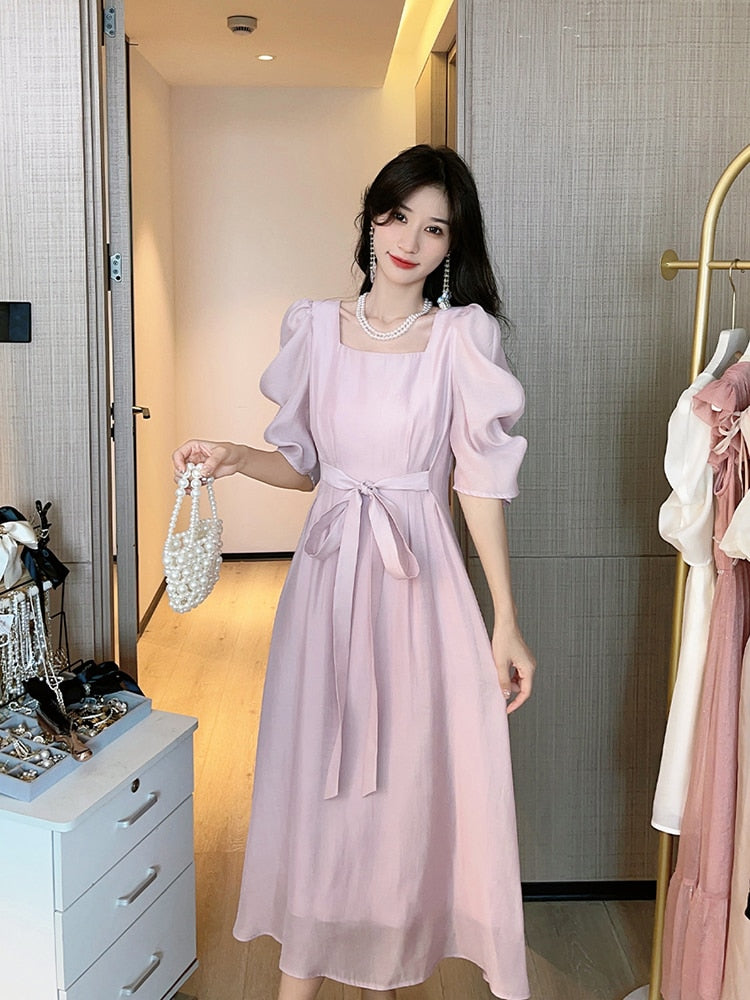 jinran Solid Sexy Casual Bow Square Collar Short Puff Sleeve Evening Midi Dresses for Women Summer New Maxi Dress Elegant Clothing