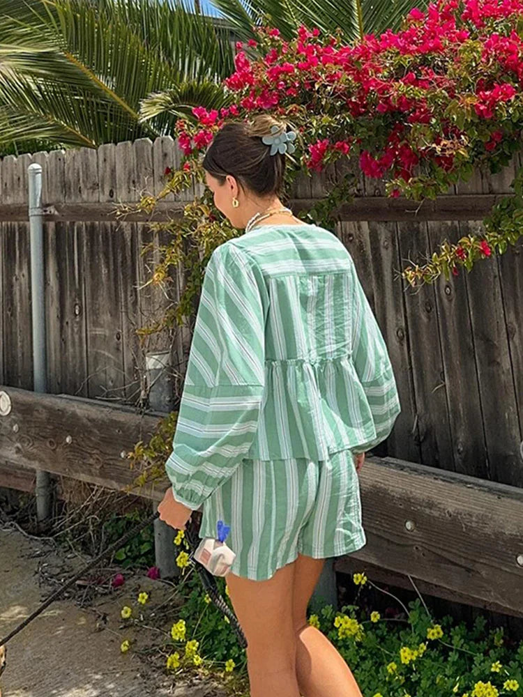 jinran Striped Lace Up Shorts Suit Women Ruffles Hollow Out Long Puff Sleeve Shirt Wide Leg Short Pant Sets 2024 Summer Holiday Outfit