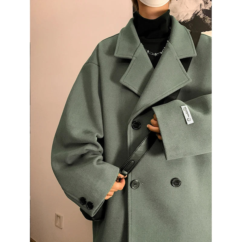 men Black Streetwear Winter Jacket Overcoat Classic Korean Fashion Trench Coat Oversized Windbreaker Wool Blends Coat