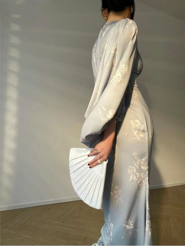 jinran Elegant Bodycon Printing Mermaid Dresses for Women Summer New Slim V-neck Long Sleeve Runway Party Robe 2024 Female Vestidos