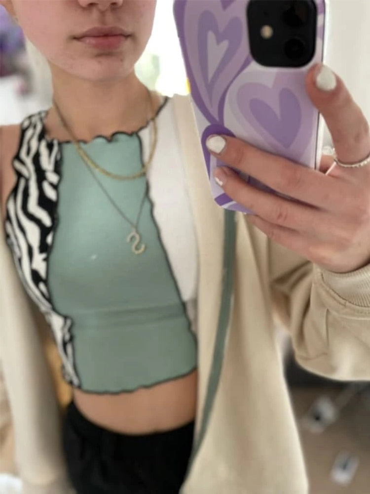 jinran Zebra Stripe Graphic Patchwork Rib Knit Ruched Crop Vest Women Y2K Clothes Summer Harajuku Sleeveless Tank Tops Streetwear
