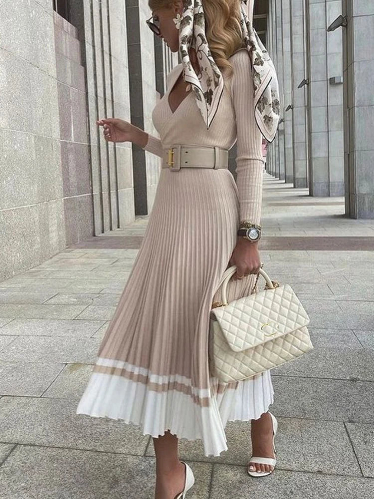 jinran Women Ribbed V-neck Fold Knitted Max Dress Ladies Skinny Sexy A-line Dresses Two Color Patchwork Elegant Chic Vestidos