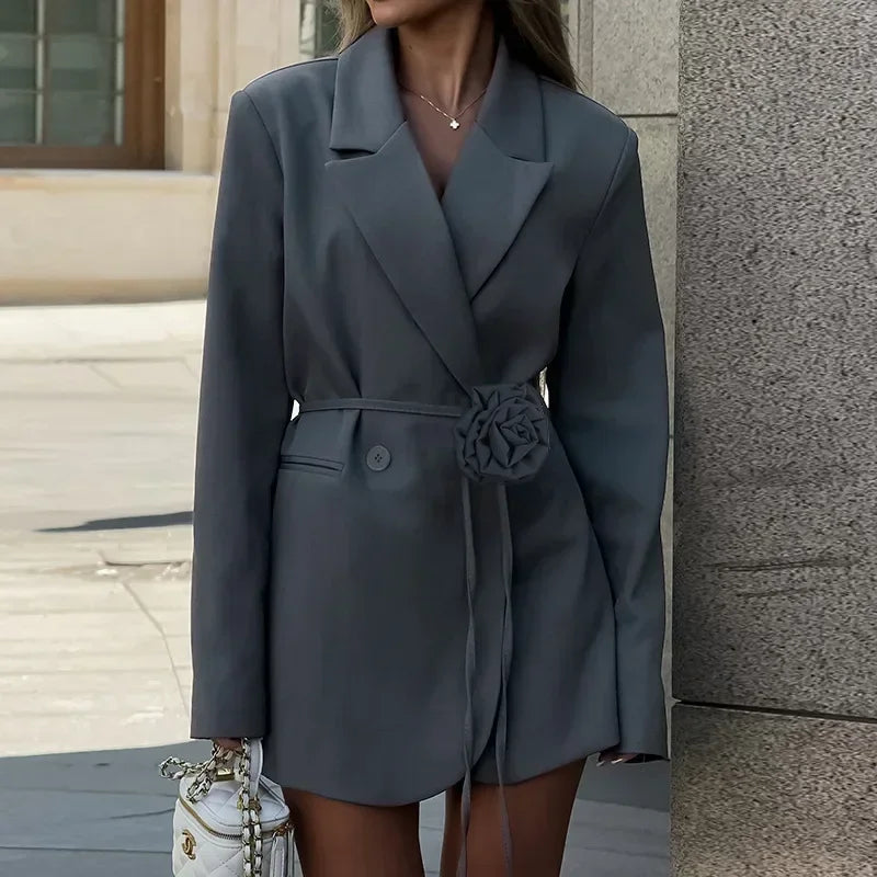 nvxiot - Bandage Flower Blazer Dress Female Fashion Lace Up Loose Casual Street Cardigan Blazers 2024 Autumn Vintage New Dress