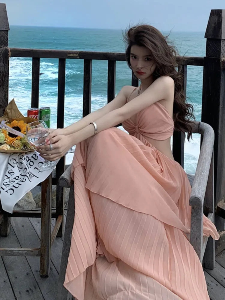 jinran Summer New Fashion Women Sexy Pleated Boho Long Dress Vacation Beach Strap A line Ladies Robe 2024 Sundress