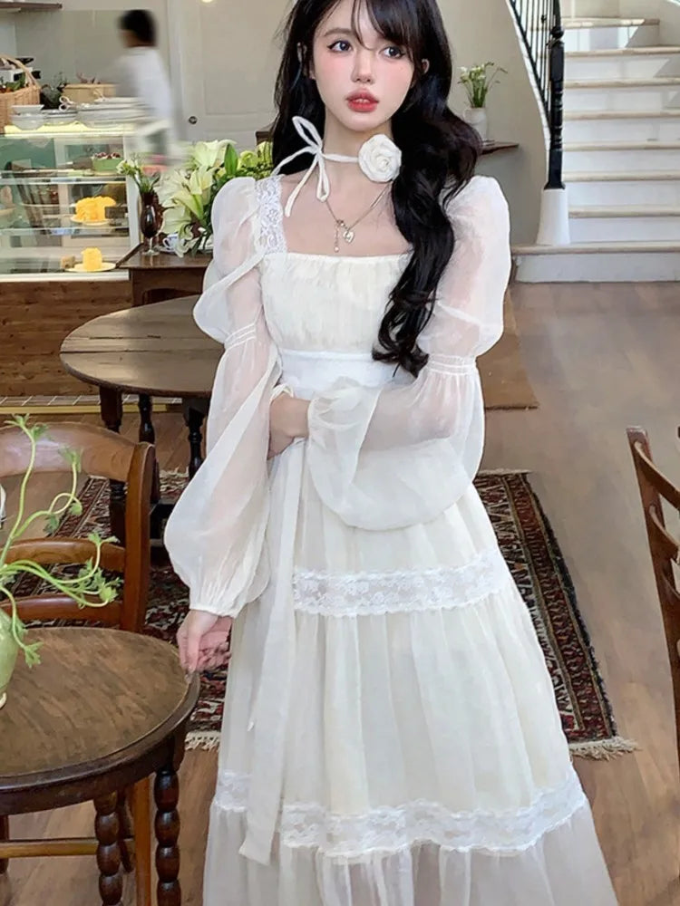 jinran Summer Chiffon Midi Dress Women Lace Y2K Lolita Fairycore Puff Sleeve High Waist French Vintage Evening Party Dresses Prom Robe