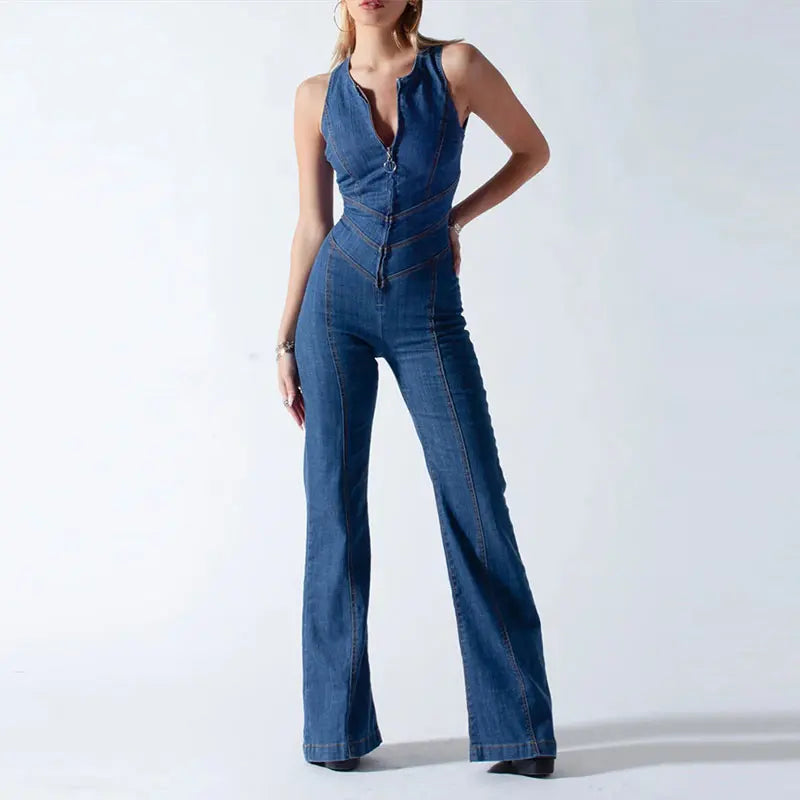 jinran Women's Jumpsuit Bodycon Backless Heart Hollow Out Summer Sexy Sleeveless Slim One-Piece Outfits Retro Denim Jumpsuits 2024