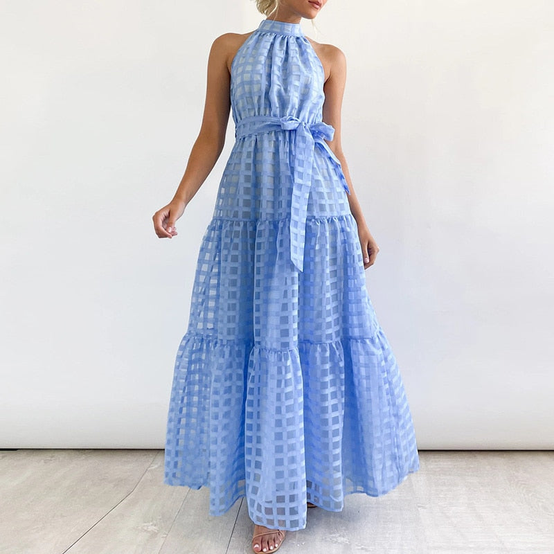jinran Women Elegant Loose Pleated Long Party Dress Ladies Summer Sexy Sleevelss Dress Fashion High Street Cascading Ruffle Maxi Dress