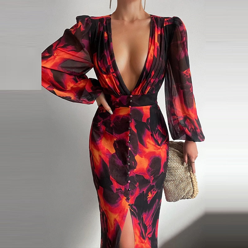 jinran Women Sexy Button V-Neck Slit Party Dress Lady Elegant Print Slim Maxi Dress Spring Summer Casual Long Sleeve High Waist Vestido
