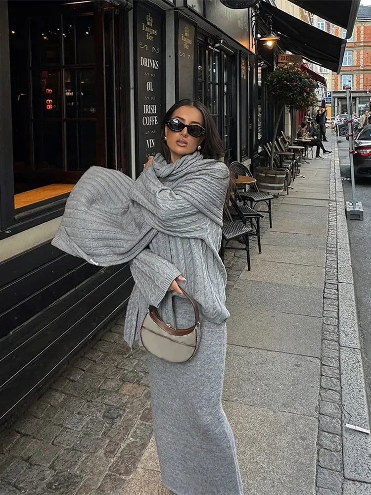 nvxiot - Autumn Solid Pleated Scarf Twisted Knitted Sweater Women Chic Long Flare Sleeve O-neck Knit Pullover 2024 Lady Streetwear