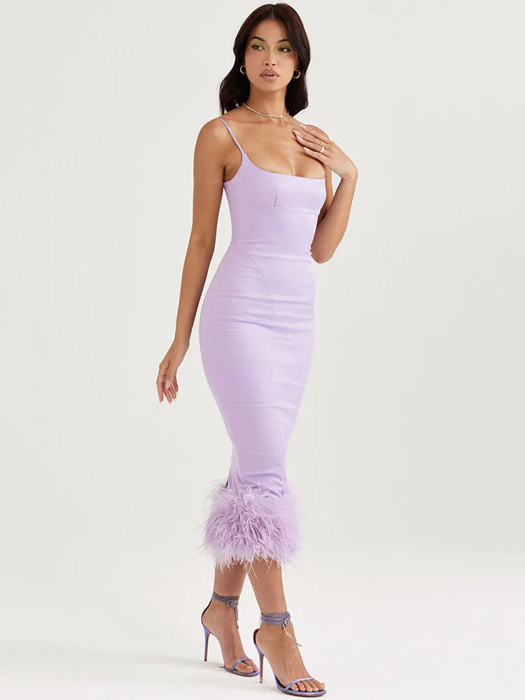 jinran Feather Tassel Spaghetti Strap Backless Long Dress Women Summer New Sleeveless Backless Bodycon Club Party Dress