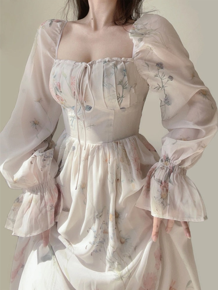 jinran Chiffon Elegant Floral Midi Dress Woman Party Beach Style Long Sleeve Dress Boho One Piece Dress Korean Fashion Summer