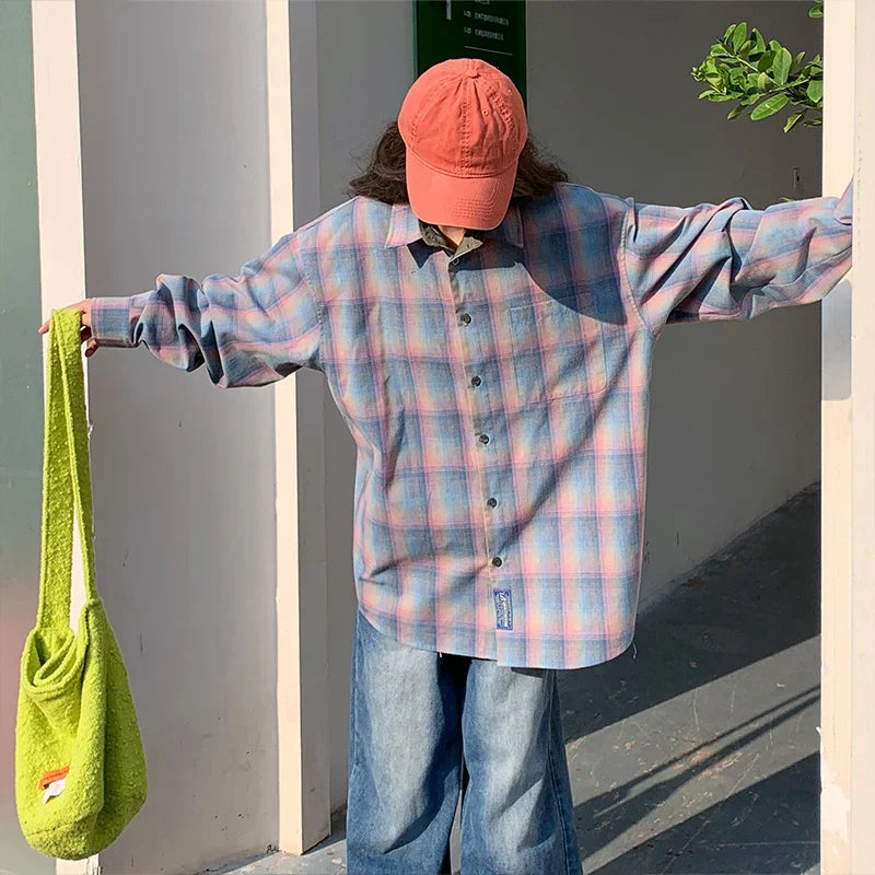 Colorful Plaid Shirt Men Fashion Vintage Shirt Men Streetwear Loose Long Sleeved Shirt Mens Oversized Casual Shirts M-2XL