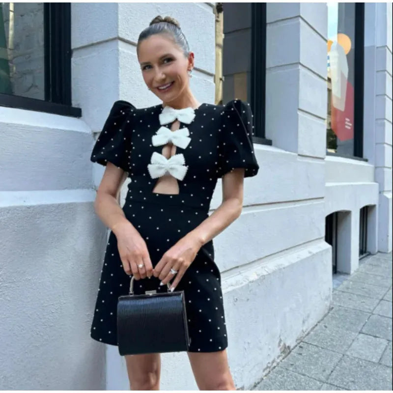 jinran Bow Hollow Out Red Black Mini Dress Women Sexy Puff Sleeve O-neck Party Dresses 2024 Summer New Elegant Shinny Robe Vestidos