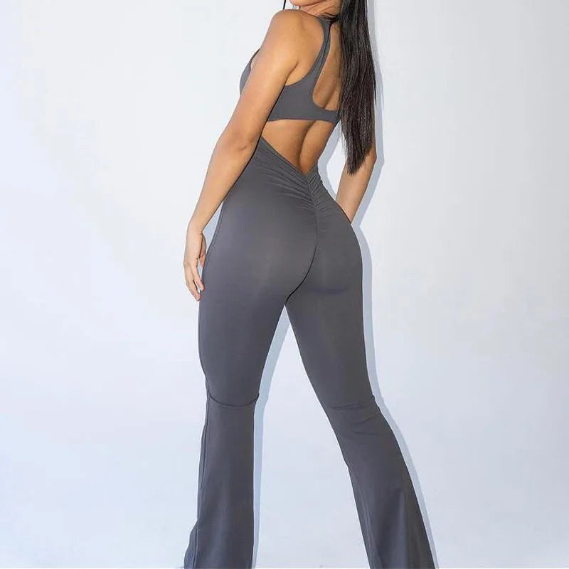 jinran 2024 S-XL Pad Women Gym Yoga Set Sports Rompers Deep V Back Fitness Workout Pant Flare Leggings One Piece Jumpsuit Active Wear