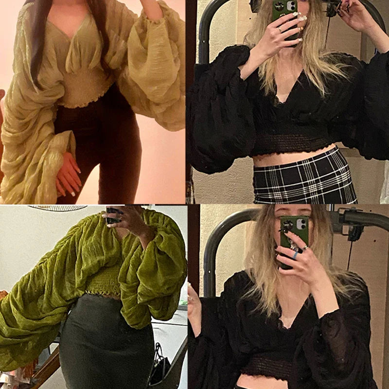 jinran Women Sexy Chiffon Short Blouse Female See Through Super Long Sleeve Blusas Purple/Green/Black/White Folds Party Tops 2024 New