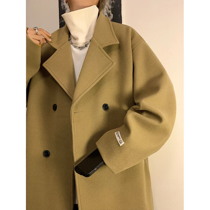 men Black Streetwear Winter Jacket Overcoat Classic Korean Fashion Trench Coat Oversized Windbreaker Wool Blends Coat