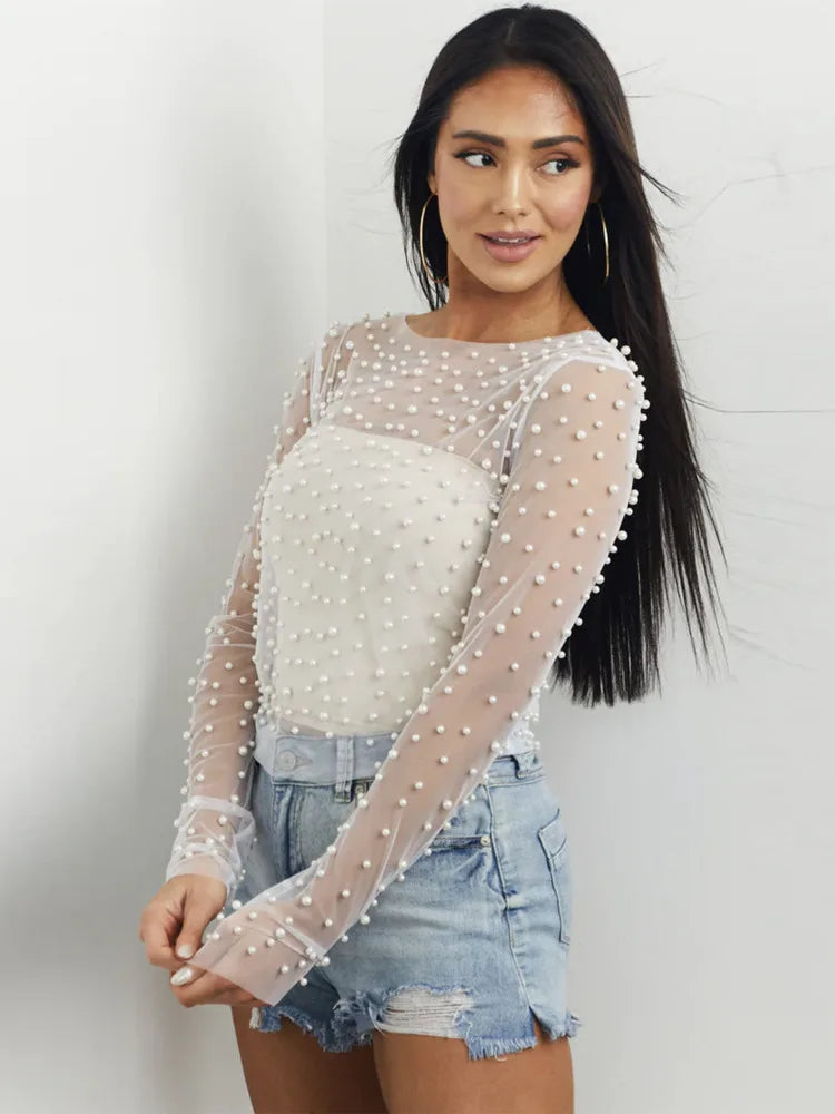 jinran Pearl Mesh See Through T-shirt Women Fashion Long Sleeve Pullover Blouse Ladies Summer U Neck Sexy Tee Shirt Tops