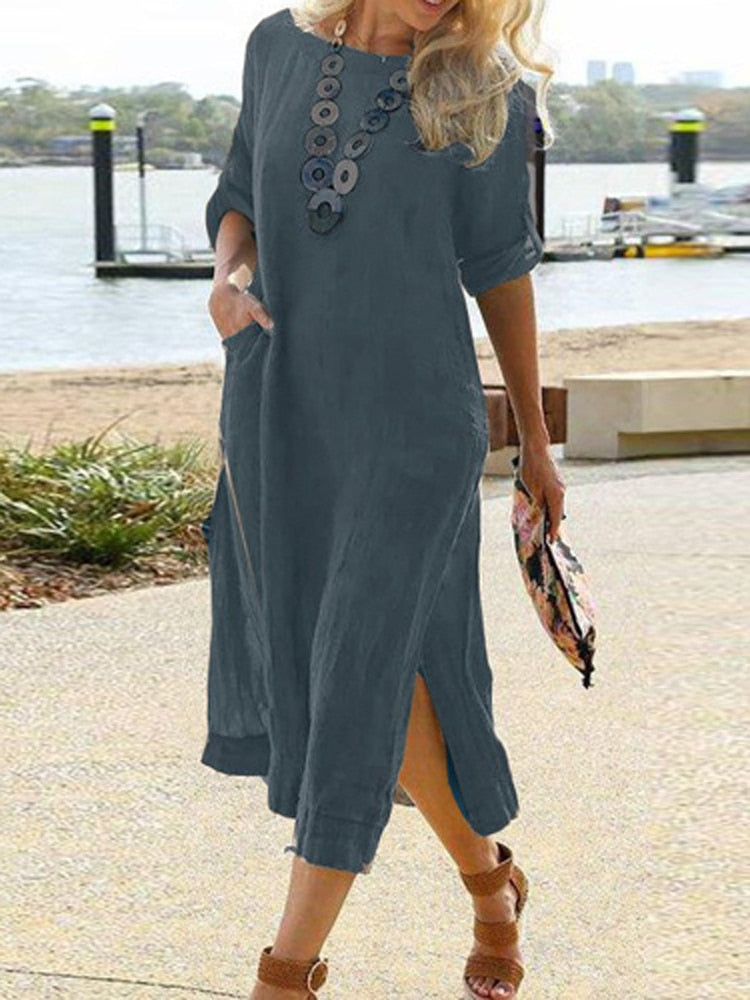 jinran Summer Short Sleeve Crew Neck Summer Dress Lady Holiday Solid Split Boho Long Dress Women Casual Loose Sundress Cover Up