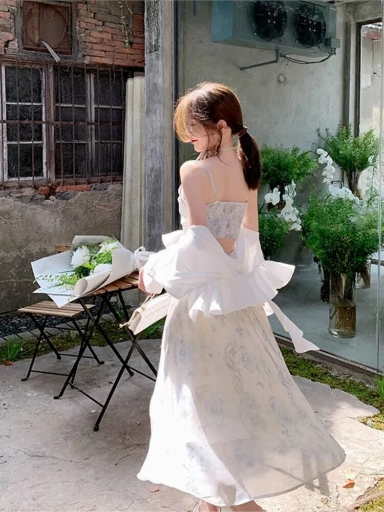jinran - Summer Party Midi Elegant Dress Women Strap Sexy Design High Wasit Vintage Casual Dress Sleeveless Chiffon Sweet Dress