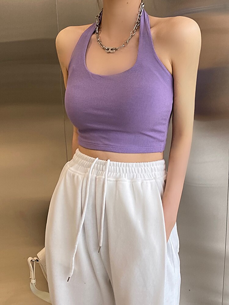 jinran Vest Sexy Crop Top Women Fashionable Solid Color Cross Hanging Neck Short Camisole Slim Midriff-baring Backless Women Summer