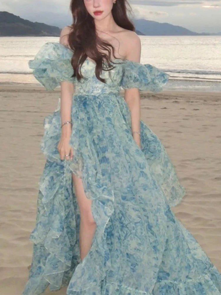 jinran 2024 Summer Vintage Fairy Floral Dress Women Casual Princess Long Split Dress Female Elegant Korean Evening Party Dress Ruffles