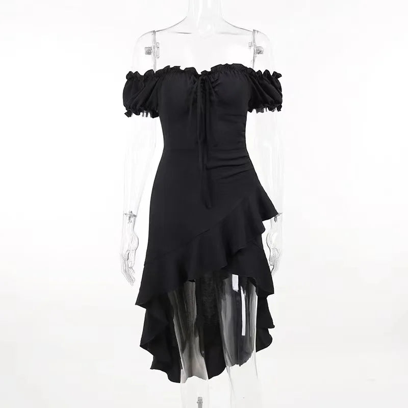 jinran Summer Black A-LINE Dress Women Streetwear Sexy Off Shoulder Short Sleeves Ruffled Mid Length Dresses Club Elegant Partywear