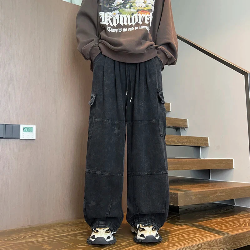 Men's Patchwork Cargo Jeans Oversized Wide Leg Trousers Men Muti-pockets Hip Hop Streetwear 90s Vintage Fashion Tooling Pants