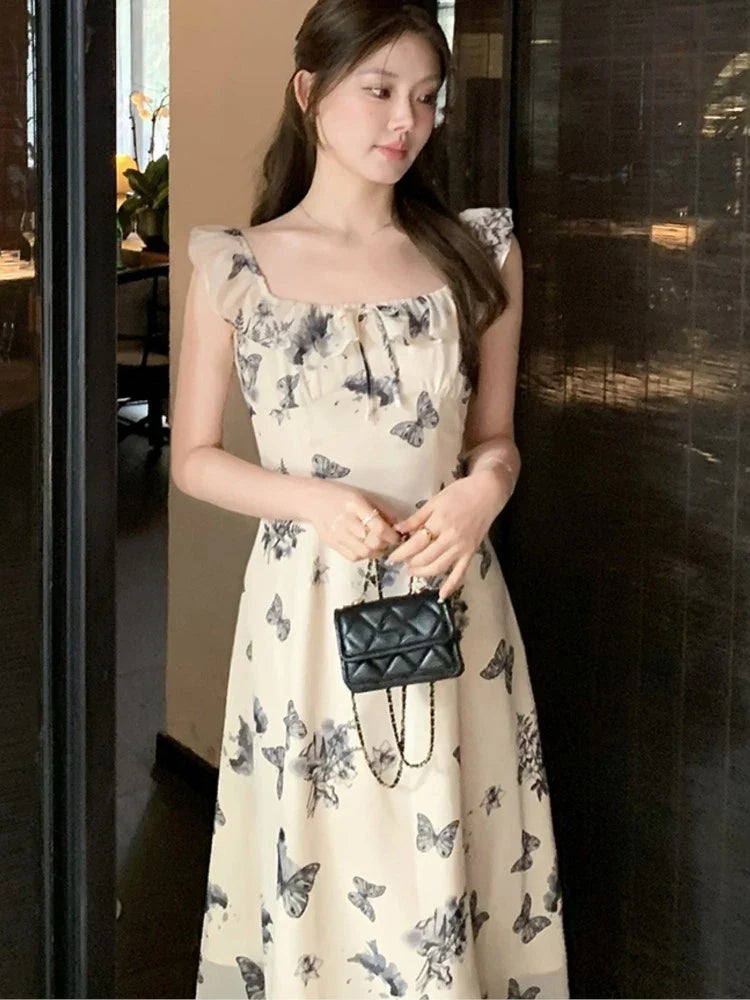 jinran Elegant Dresses for Women Summer New Chinese Style Butterfly Print Casual Party Dress Female Vintage Vestido Prom Robe 2024