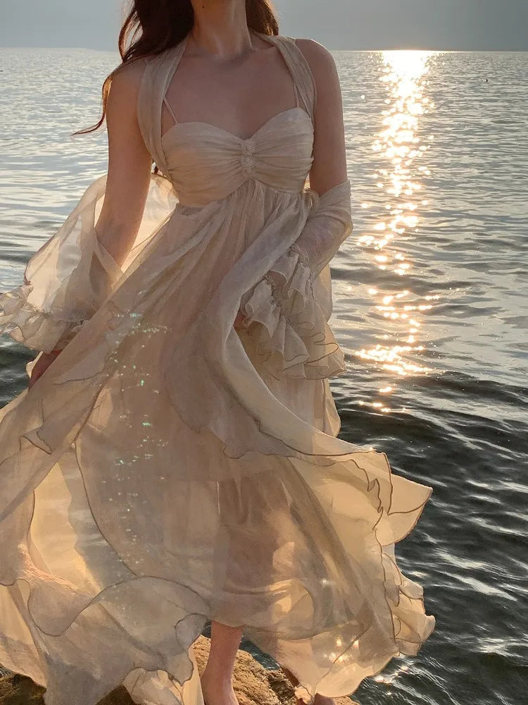 jinran France Fashion Irregular Beach Strap Dress Female Elegant Chiffon Fairy Party Vestidos Korea Summer Casual Clothing