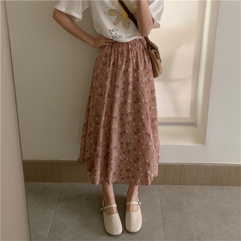 jinran Summer New Floral Print A Line Pleated Women Long Skirts 2022 Korean Fashion Elastic Waist Sweet Retro Midi Skirt Streetwear