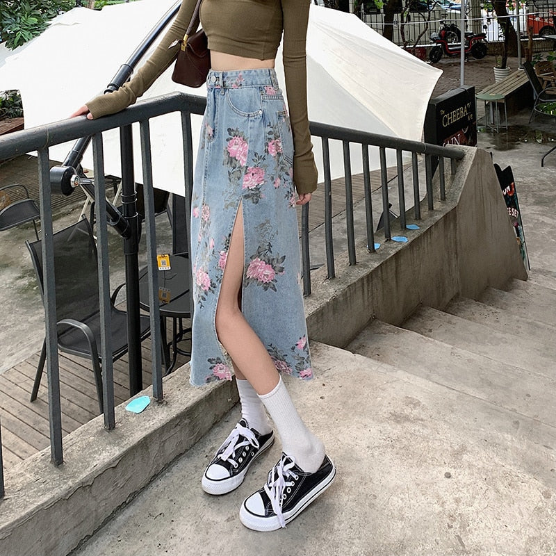 jinran Spring And Summer Trendy Flower Split Denim Skirt Women's 5XL Slightly Fat MM Thin Bag Hip Mid-length A-line Skirt
