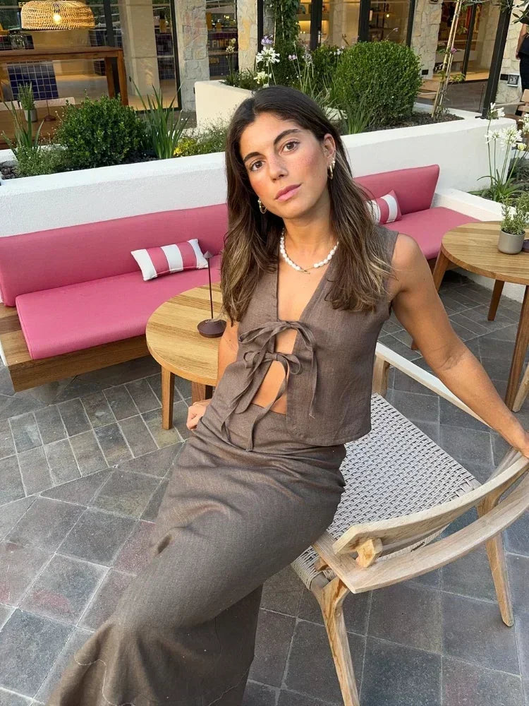 nvxiot - Elegant Bow Lace Up Sleeveless Vest Skirt Set Women Fashion V Neck Hollow Out Shirts High Waist Long Skirts Lady High Streetwear