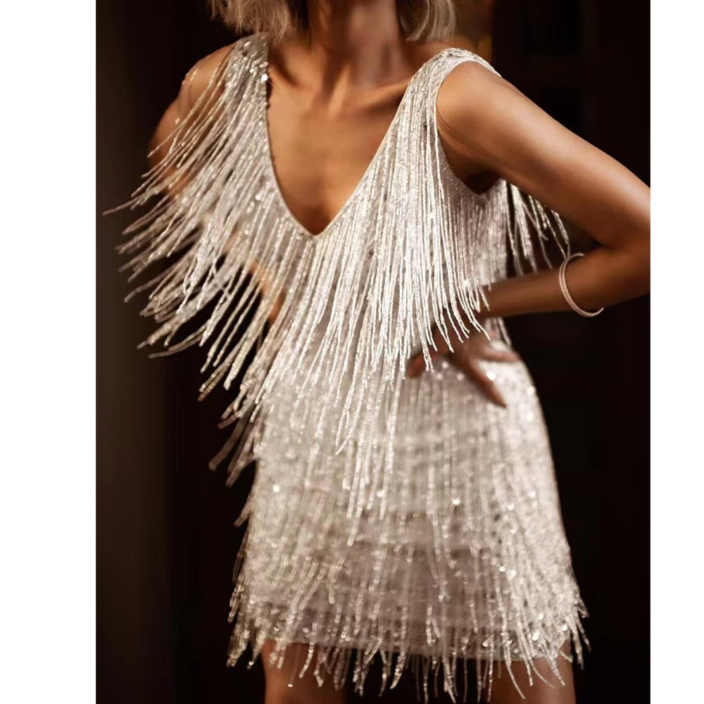 jinran Chic Sexy Sleeveless V-Neck Vintage Tassel Mini Dress Women Elegant Evening Party Bodycon Dresses Summer Ladies Night Club Dress