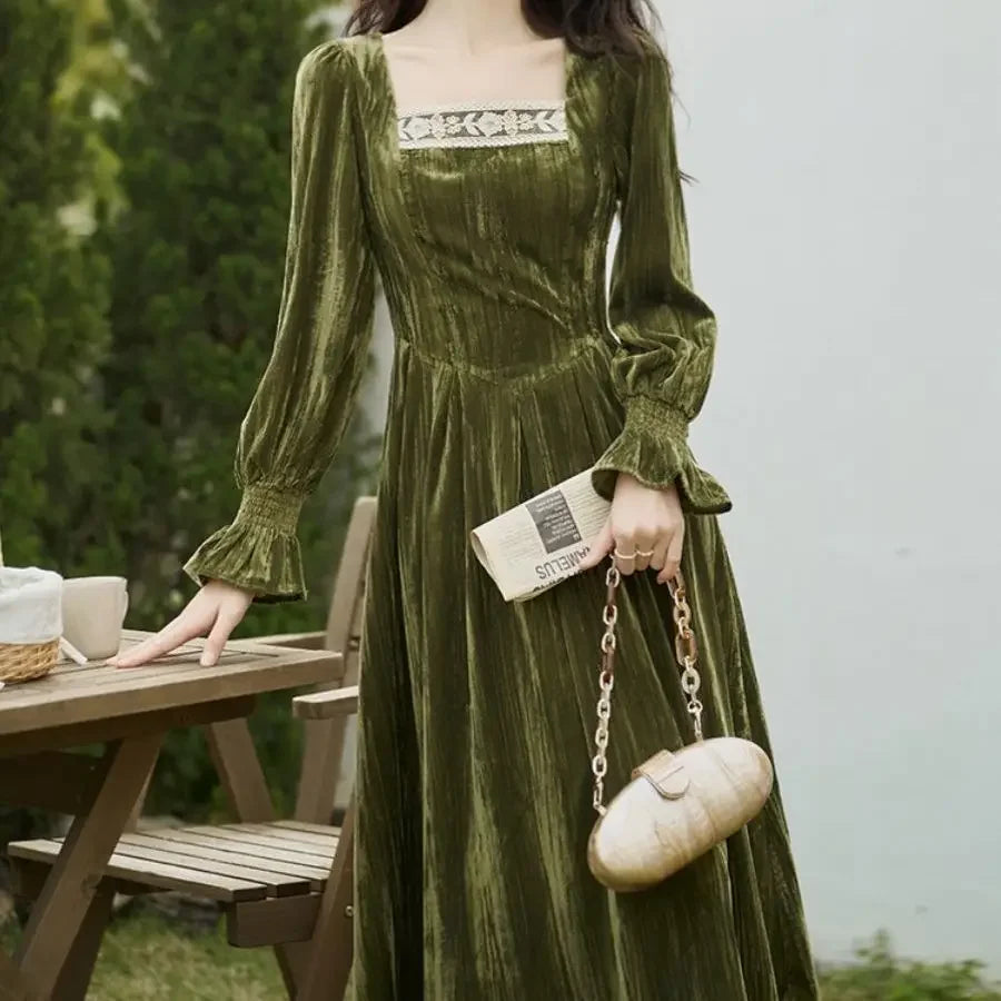 jinran Elegant Vintage Velvet Midi Dress Women Lace Patchwork Slim Korean Fairy Dress Female 2024 Spring Fashion Casual Party Dress Y2k