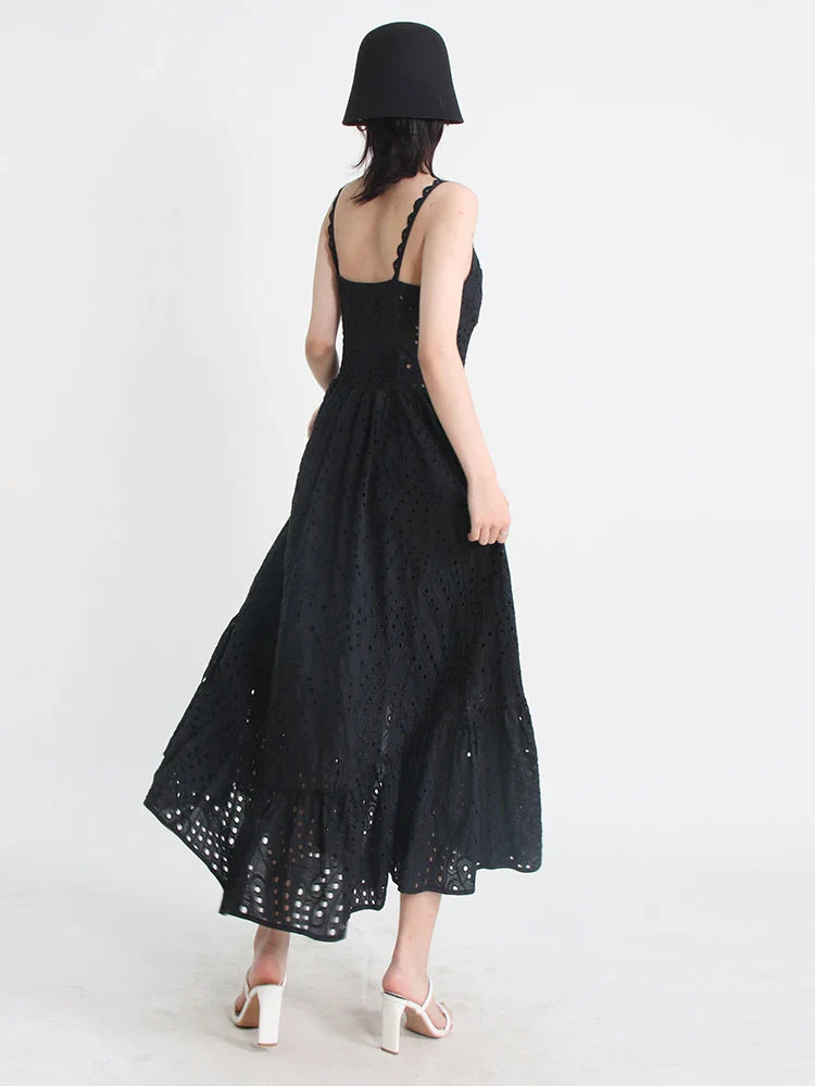 jinran Slim Hollow Out Dresses For Women Square Collar Sleeveless High Waist Split Dress Female Fashion Style Clothing New