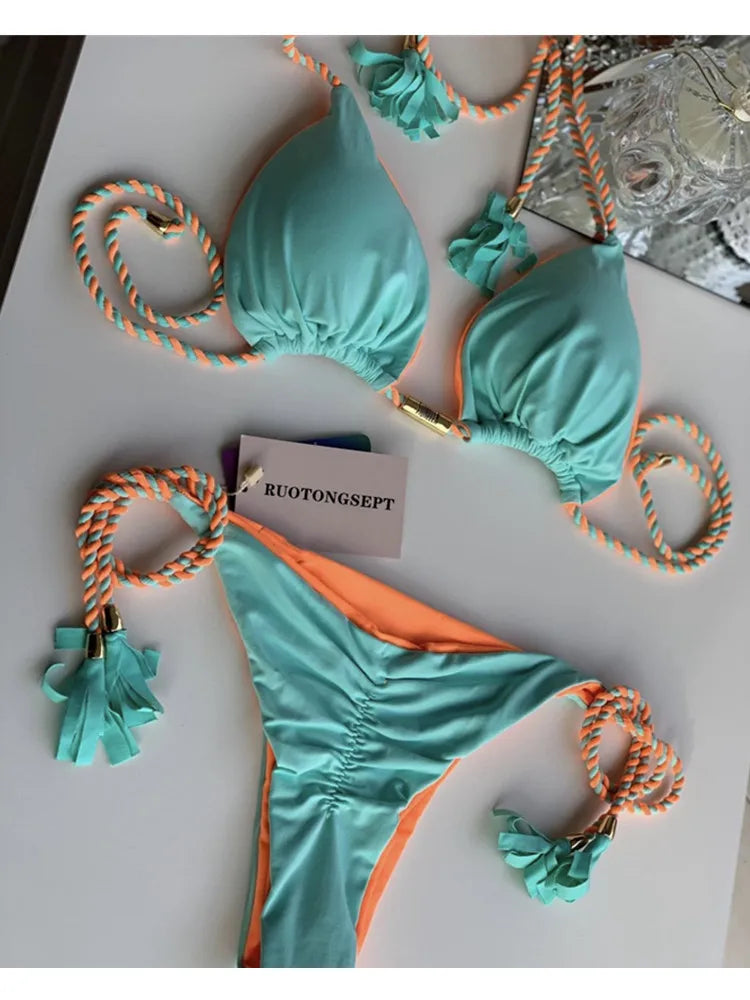 jinran Swimwear Thong Bikini Set 2024 New Blue Swimsuits Woman Sexy Bathing Suits Bikinis Triangle Bandage Female Beachwear Bikini