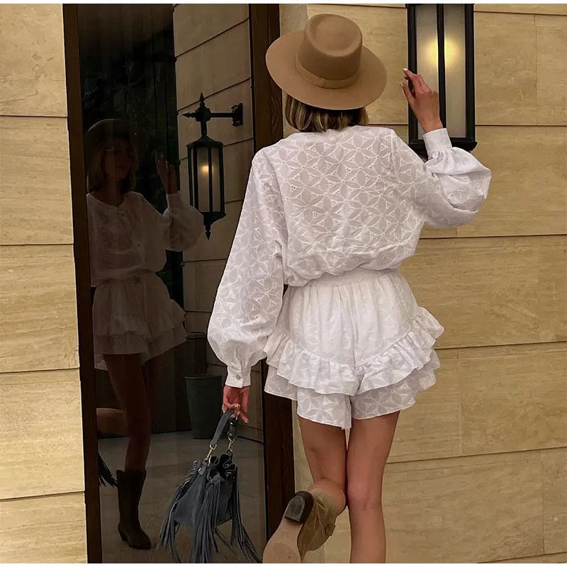 jinran Long Sleeved Shirt Shorts Sets Women Summer Stand Collar Single Breasted White Blouse Suits Casual Vacation 2 Pieces Set Outfit