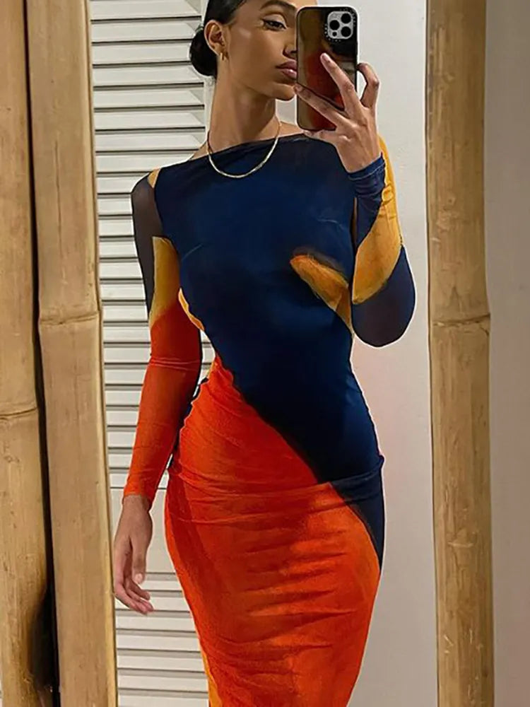 jinran - Sexy Backless Maxi Dress Fashion Print Long Sleeve Bodycon Party Dress Beach Outfits New Summer Evening Club Dress